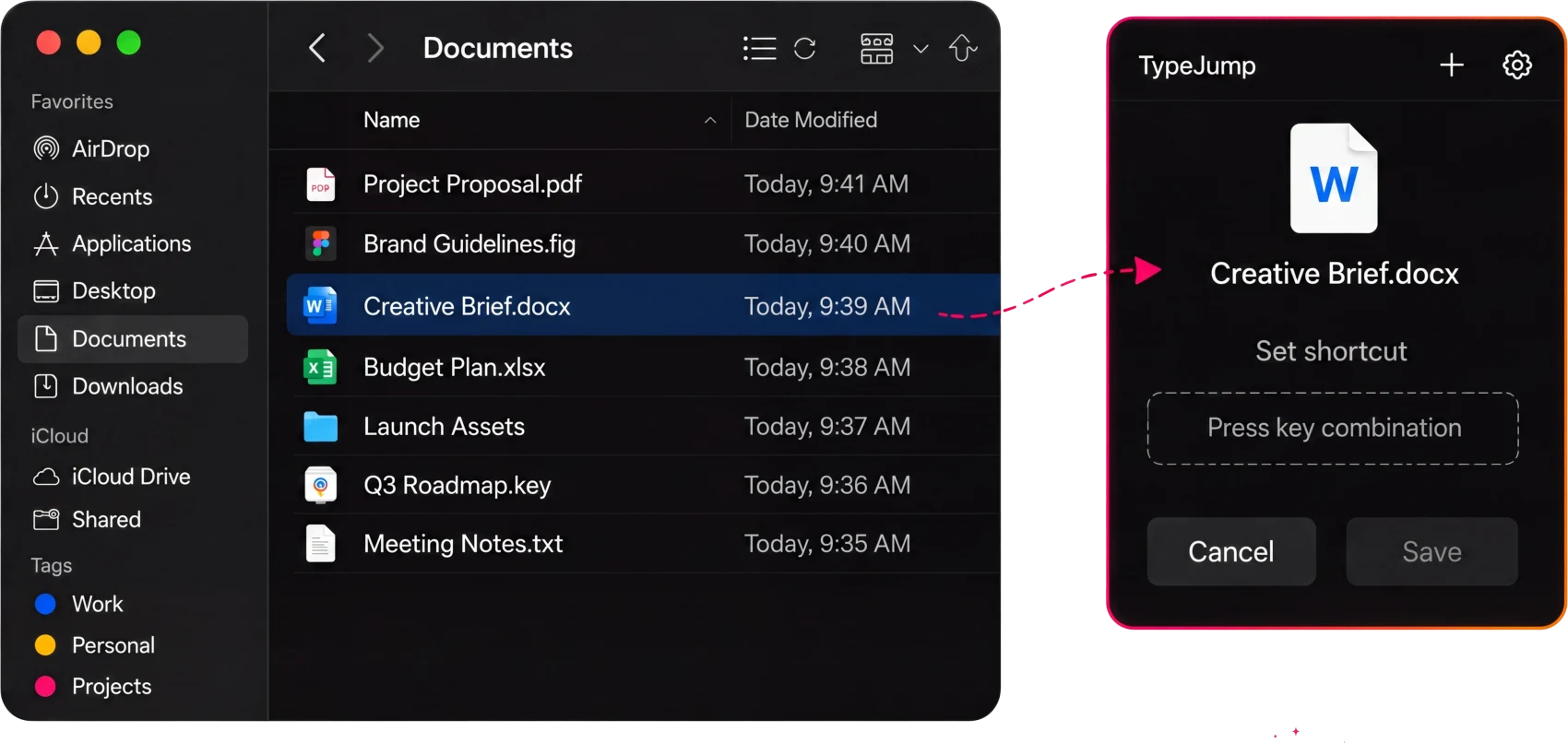 Drag a file into TypeJump, press a key combination, and the shortcut is set