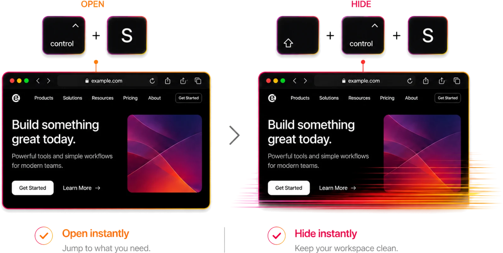 One shortcut opens an app, the same plus Shift hides it again