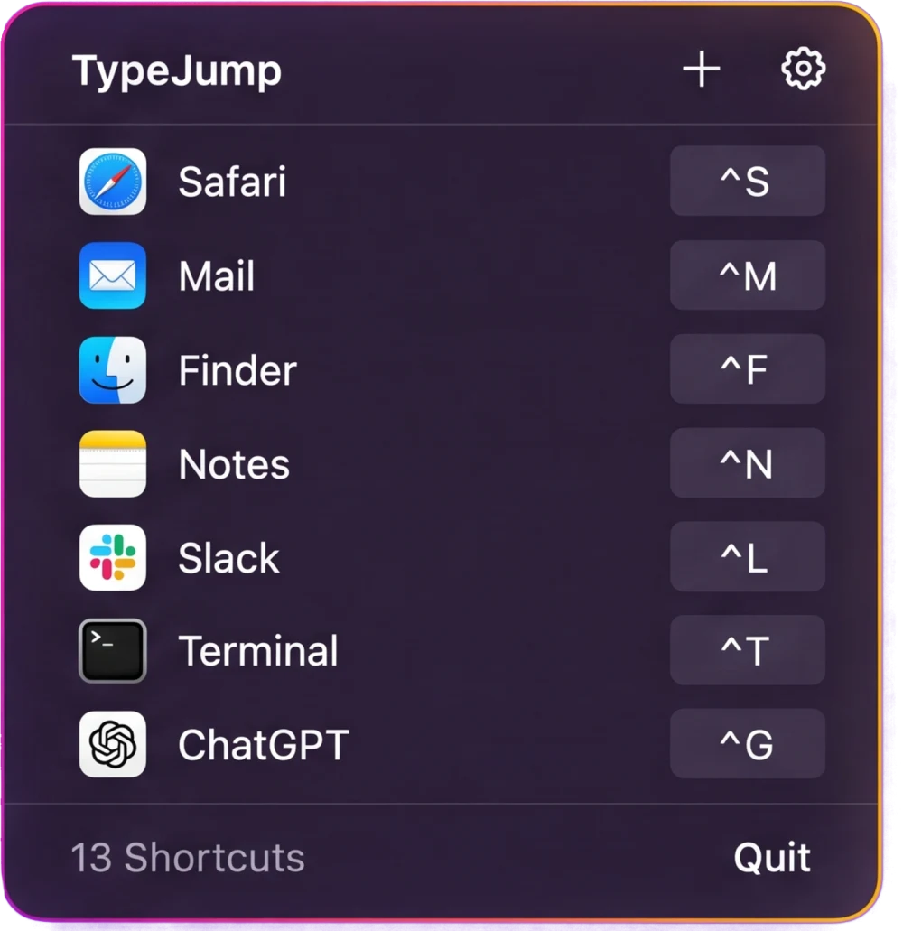 TypeJump menu bar popover listing apps with their shortcuts