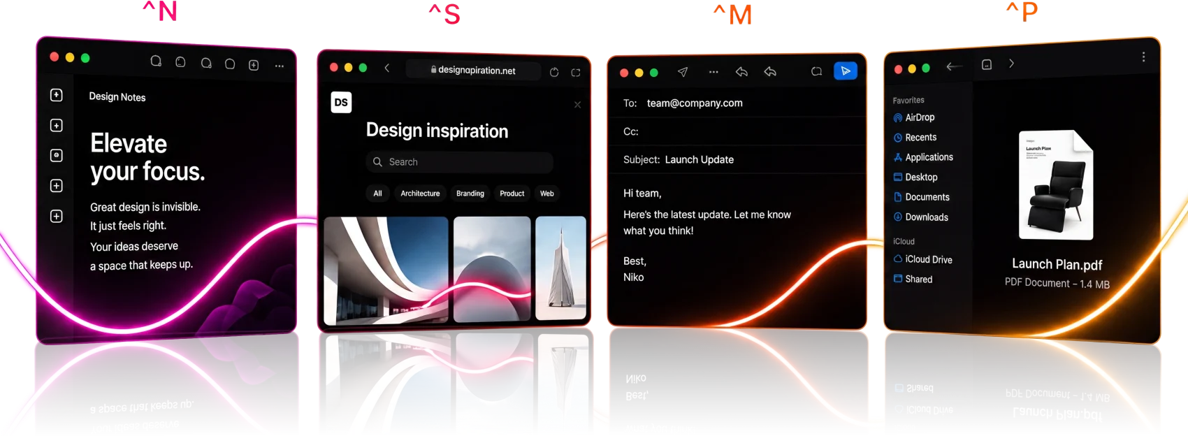 Four app windows, each opened by its own shortcut
